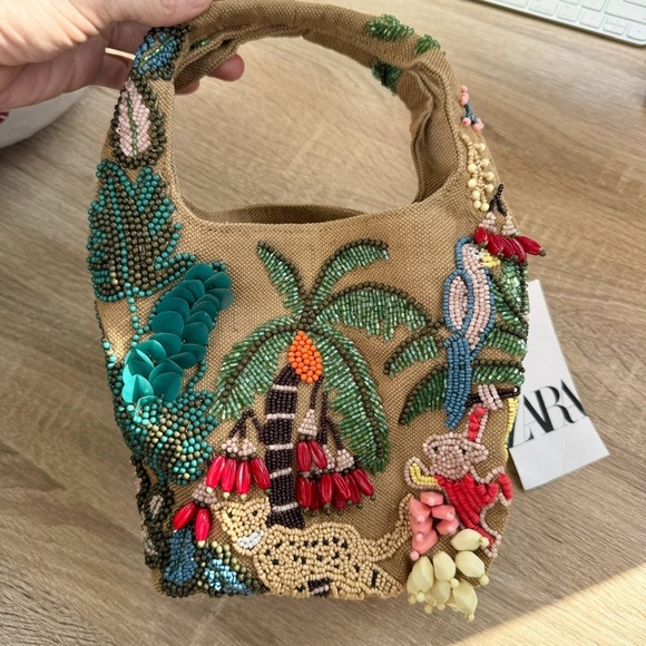 NWT Zara Beaded Mini Bucket Bag Canvas Jungle Tropical Animal 6525/310 - Picture 8 of 15